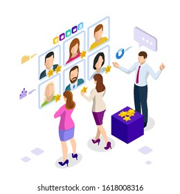 Isometric hiring and recruitment concept for web page, banner, presentation. Job interview, recruitment agency, recruitment process