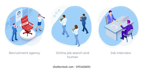 Isometric hiring and recruitment concept for web page, banner, presentation. Online job search, human resource concept. Infographics of Business data visualization. Job interview, recruitment agency