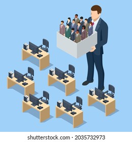 Isometric hiring and recruitment concept for web page, banner, presentation. Outsource Office workers. Job interview, recruitment agency