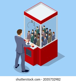 Isometric hiring and recruitment concept for web page, banner, presentation. Outsource Office workers. Job interview, recruitment agency
