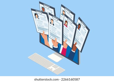 Isometric hiring and recruitment concept for web page, banner, presentation. Diverse people hands raise up holding resume or CV offer candidacy at open position. Job interview, recruitment agency