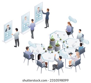Isometric hiring and recruitment concept for web banner, presentation. Job interview, recruitment agency HR interview. Recruitment and career beginning concept. Vector illustration, background