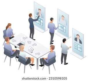 Isometric hiring and recruitment concept for web banner, presentation. Job interview, recruitment agency HR interview. Recruitment and career beginning concept. Vector illustration, background