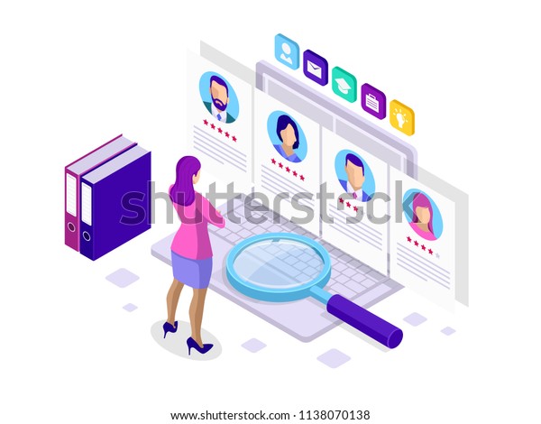 Isometric hiring and recruitment concept for\
web page, banner, presentation. Job interview, recruitment agency\
vector illustration