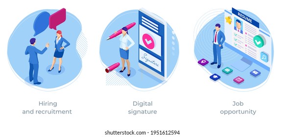 Isometric Hiring and recruitment, Digital signature, Job opportunity. HR managers, job seekers, resumes.