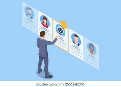 Isometric hiring and recruitment robots are selected for a job over a human candidate. Digital job interviews where artificial intelligence outshines traditional applicants.