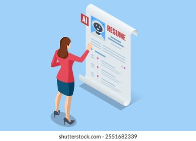 Isometric hiring and recruitment robots are selected for a job over a human candidate. Digital job interviews where artificial intelligence outshines traditional applicants.