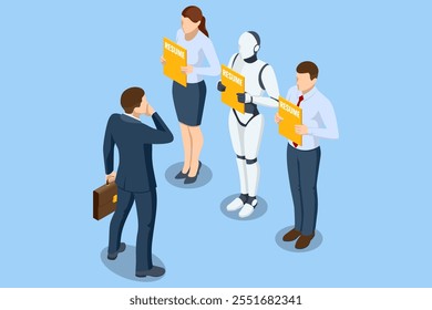 Isometric hiring and recruitment robots are selected for a job over a human candidate. Digital job interviews where artificial intelligence outshines traditional applicants.