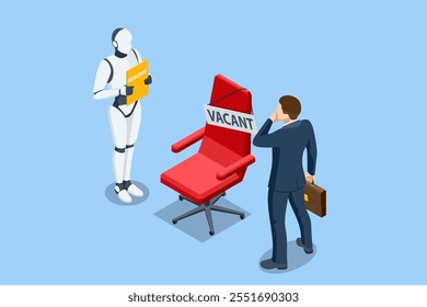 Isometric hiring and recruitment robots are selected for a job over a human candidate. Digital job interviews where artificial intelligence outshines traditional applicants.
