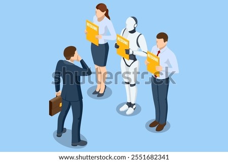 Isometric hiring and recruitment robots are selected for a job over a human candidate. Digital job interviews where artificial intelligence outshines traditional applicants.