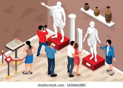 Isometric historical museum horizontal composition with indoor view of room with guide and visitors with artifacts vector illustration