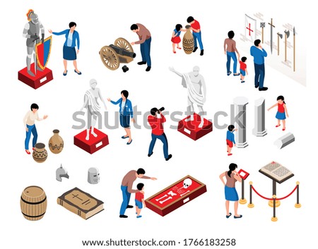 Isometric historical museum set with isolated icons of ancient artifacts statues on pedestals and human characters vector illustration