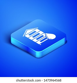 Isometric Hive for bees icon isolated on blue background. Beehive symbol. Apiary and beekeeping. Sweet natural food. Blue square button. Vector Illustration