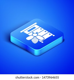 Isometric Hive for bees icon isolated on blue background. Beehive symbol. Apiary and beekeeping. Sweet natural food. Blue square button. Vector Illustration
