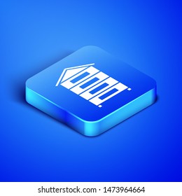 Isometric Hive for bees icon isolated on blue background. Beehive symbol. Apiary and beekeeping. Sweet natural food. Blue square button. Vector Illustration