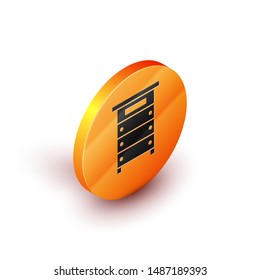 Isometric Hive for bees icon isolated on white background. Beehive symbol. Apiary and beekeeping. Sweet natural food. Orange circle button. Vector Illustration