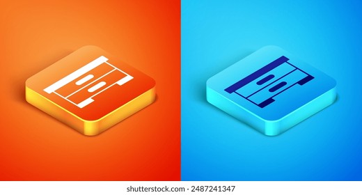 Isometric Hive for bees icon isolated on orange and blue background. Beehive symbol. Apiary and beekeeping. Sweet natural food.  Vector