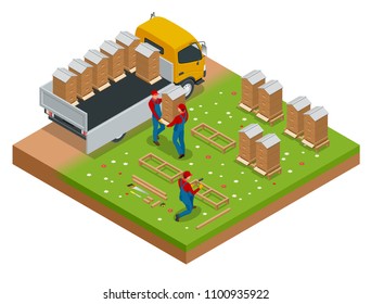 Isometric Hives in an apiary with bees. Hives in an apiary with bees flying to the landing boards in a green garden.