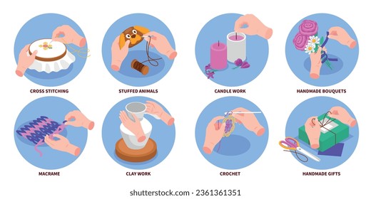 Isometric hobbies composition set with cross stitching stuffed animals candle work handmade bouquets macrame clay work and other descriptions vector illustration