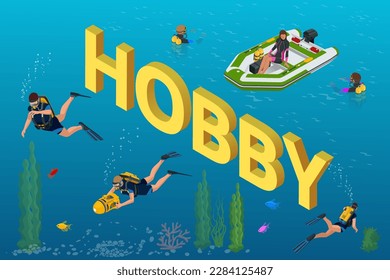 Isometric Hobby concept. Scuba divers swimming with aqualungs underwater of blue sea. Hobby Young People. Extreme Sport.