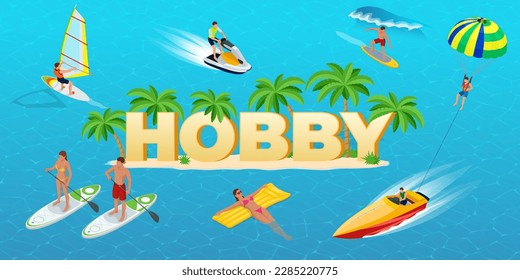 Isometric Hobby concept. Sports. Surfer on Blue Ocean Wave. Fun in the ocean, Extreme Sport, water skiing. Active summer vacations with paddle board. Hobby Young People.