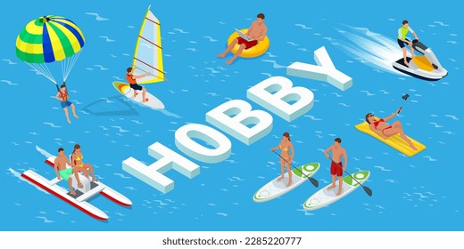 Isometric Hobby concept. Sports. Surfer on Blue Ocean Wave. Fun in the ocean, Extreme Sport, water skiing. Active summer vacations with paddle board. Hobby Young People.