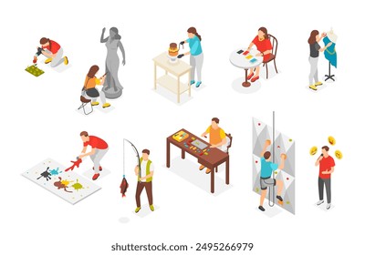 Isometric hobby. People sewing planting painting fishing baking. Young men women, artists photographer and fashion designer, flawless vector set