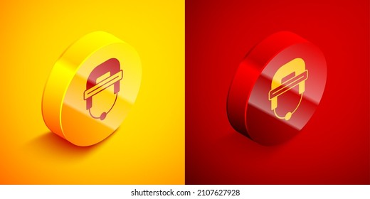 Isometric Hockey helmet icon isolated on orange and red background. Circle button. Vector