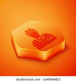 Isometric Hockey judge, referee, arbiter icon isolated on orange background. Orange hexagon button. Vector Illustration