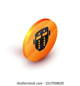 Isometric Hockey mask icon isolated on white background. Happy Halloween party. Orange circle button. Vector Illustration