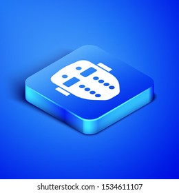 Isometric Hockey mask icon isolated on blue background. Happy Halloween party. Blue square button. Vector Illustration