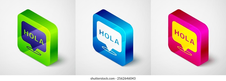 Isometric Hola icon isolated on grey background. Square button. Vector