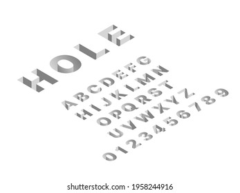 Isometric hole font. 3d latin gray letters and numbers, abc signs techno design, deep shapes english alphabet, dimensional pushing typography, cubic straight block typeset vector set