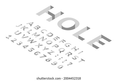 Isometric hole font. 3d perspective alphabet, modern geometric cubic typeface. Deep holes in floor effect letters, numbers, symbols vector set. English or latin lettering, punctuation marks