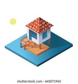 Isometric holiday apartment, bungalow on water. The poster for sale the real estate, construction and leased concept and billboard.  Vector Illustration