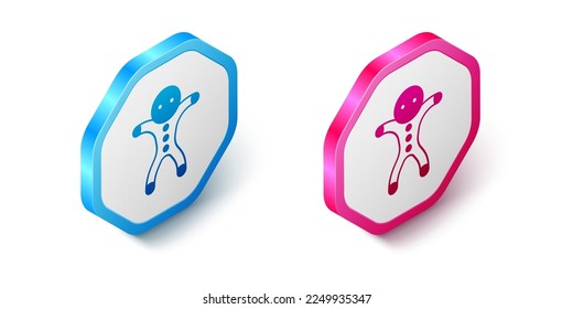 Isometrisches Holiday-Lebkuchen-Mann-Cookie-Symbol einzeln auf weißem Hintergrund. Keks in Form eines Menschen mit Eis. Hexagon-Taste. Vektorgrafik