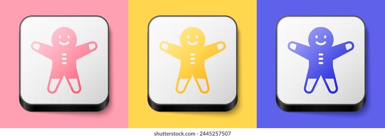 Icono de galleta de galleta de jengibre Festiva isométrico aislado sobre fondo rosa, amarillo y azul. Galleta en forma de hombre con glaseado. Botón cuadrado. Vector