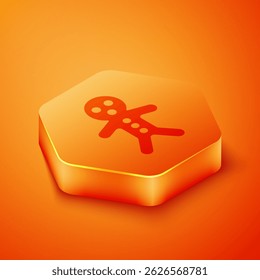 Isometric Holiday gingerbread man cookie icon isolated on orange background. Cookie in shape of man with icing. Orange hexagon button. Vector