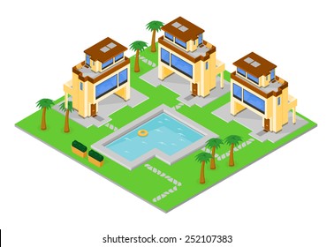 Isometric holiday resort apartment complex. Vacation Holiday Resort. Holiday Apartment Buildings with pool and gardens. 