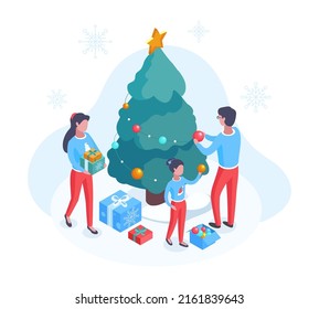 Isometric holiday tree decorating, people put decorations and garlands on xmas fir tree. Happy family winter holiday eve preparation vector background illustration. Christmas celebration