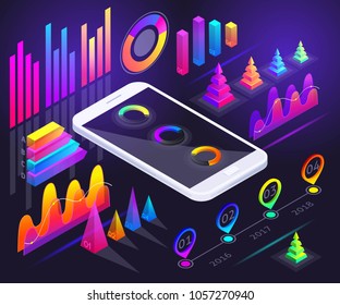 Isometric holographic diagrams, graphs, finance analysis on the smartphone screen, bright illustration, profit accounting, crypto currency, extraction Ethereum set2.