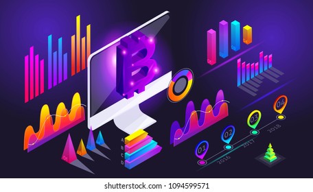 Isometric holographic diagrams, graphs, finance analysis, vivid illustration, profit accounting, crypto currency, extraction Bitcoin-01