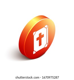Isometric Holy bible book icon isolated on white background. Orange circle button. Vector Illustration