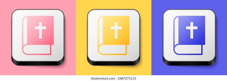 Isometric Holy bible book icon isolated on pink, yellow and blue background. Square button. Vector