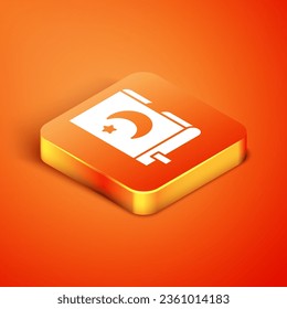 Isometric Holy book of Koran icon isolated on orange background. Muslim holiday, Eid Mubarak, Eid al-fitr, Ramadan Kareem.  Vector Illustration