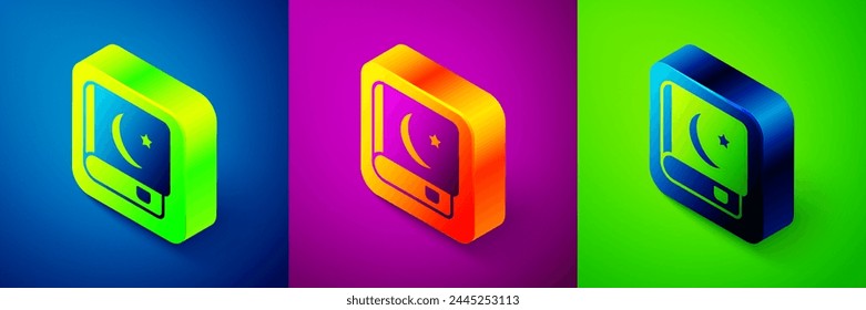 Isometric Holy book of Koran icon isolated on blue, purple and green background. Muslim holiday, Eid Mubarak, Eid al-fitr, Ramadan Kareem. Square button. Vector