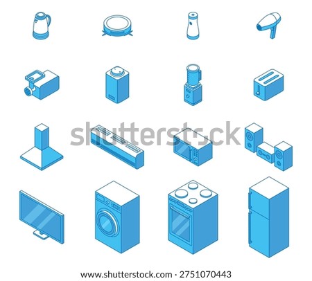 Isometric home appliance. Smart vacuum cleaner, hair dryer, cooler, meat grinder, kettle, washing machine, extractor hood. Electronics nifty vector set
