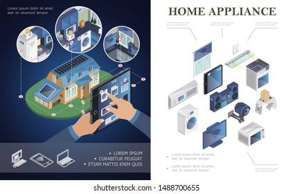 Isometric home appliances concept with air conditioner jalousie music center microwave toaster tv washer tablet stove video surveillance system smart home concept vector illustration