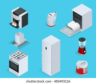 Isometric Home Appliances. Set Of Household Kitchen Technics Dishwasher, Gas Stove, Coffee Maker, Blender, Kettle, Fridge, Multivarka, Extractor, Crockery.