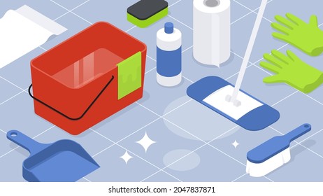 Isometric home cleaning housework vector illustration. Tile floor cleanliness equipment detergents for housekeeping. Washing dust cleanup sanitary hygienic appliance bucket, scoop, mop, brush, gloves